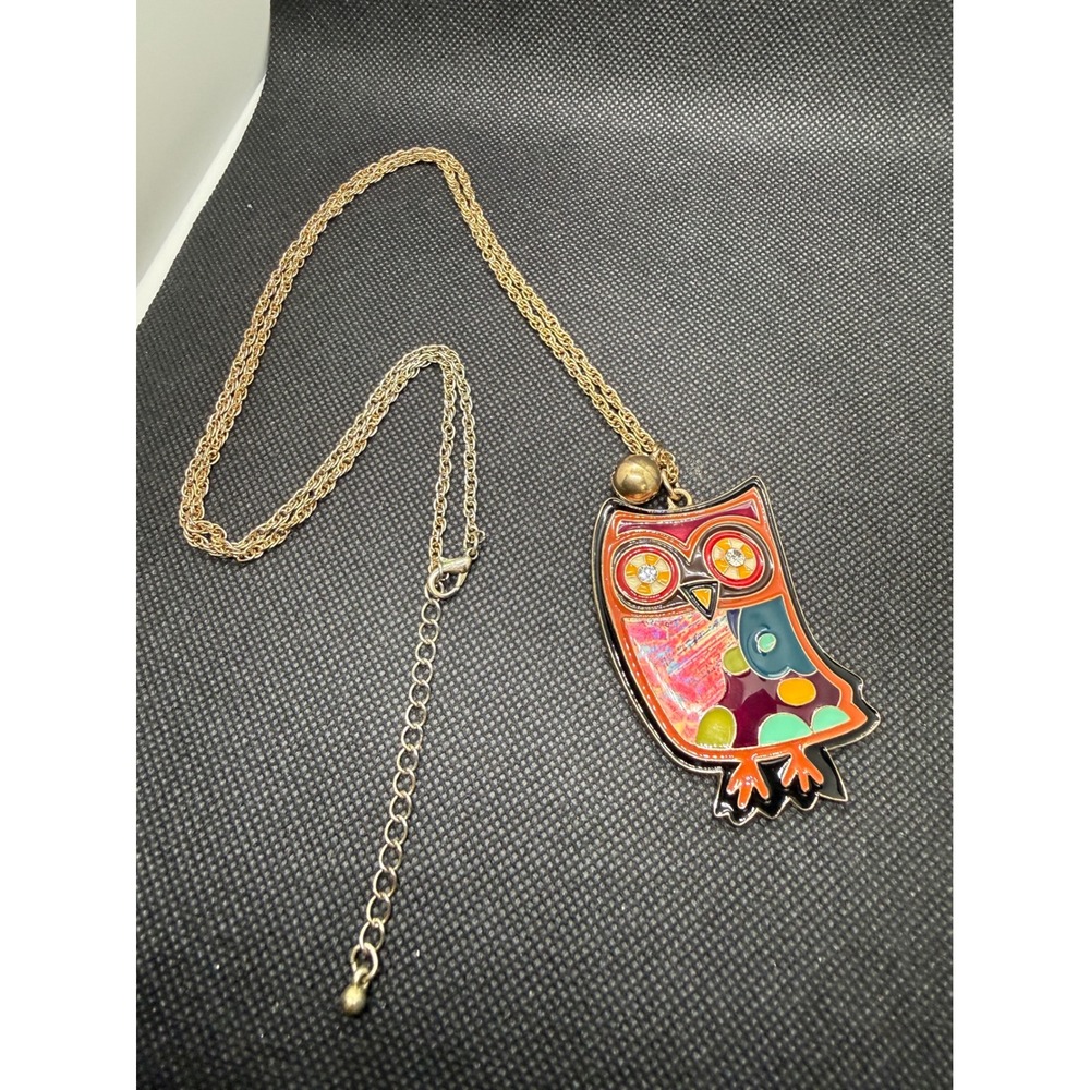Vintage Style Multi Color Enamel Owl Pendant Necklace Gold Tone Rhinestone Eyes